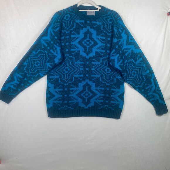 Le Tigre Vintage USA Made Geometric Knit Sweater Blue Teal Mens L - Picture 1 of 9